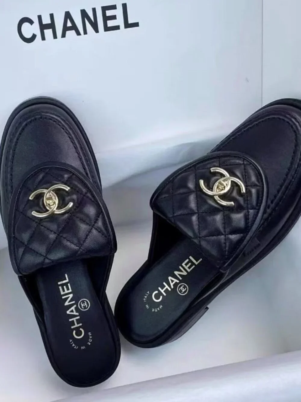 CHANEL Classic Gold Logo Quilted Mules